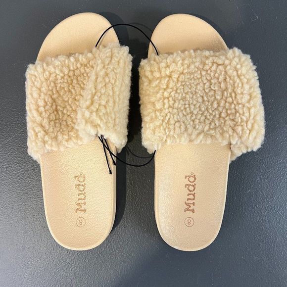 NWT MUDD Nude Beige Slip‎ On Fuzzy Sandals (8) - Picture 2 of 6